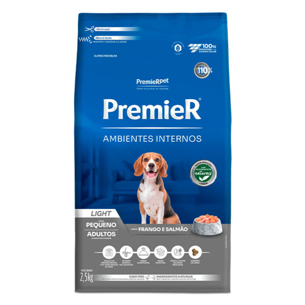 Ração Premier Ambientes Internos Cães Adultos Light Raças Pequenas Frango E Salmão 2,5kg