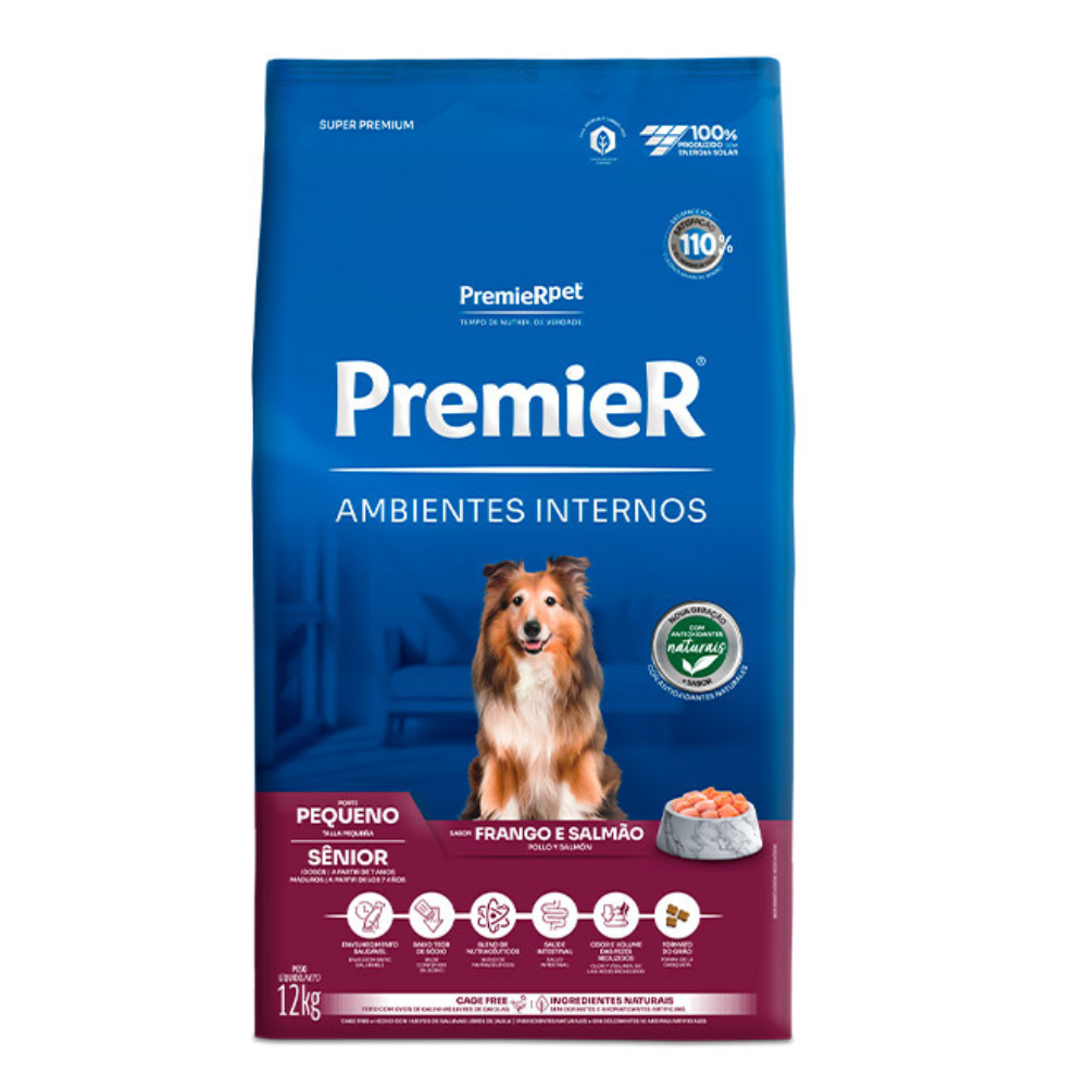 Ração Premier Ambientes Internos Cães Adultos Sênior +7 Raças Pequenas Frango e Salmão 12kg