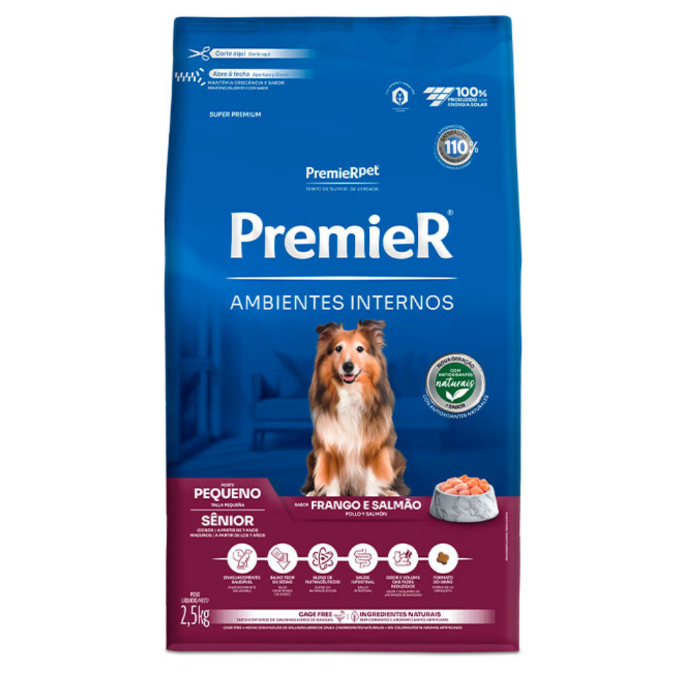 Ração Premier Ambientes Internos Cães Adultos Senior Frango e Salmão 2,5kg
