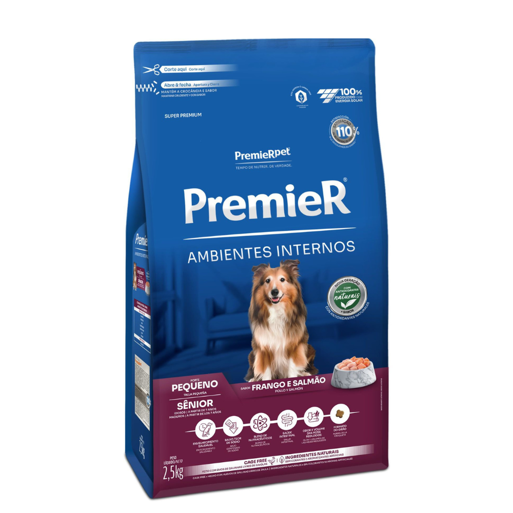 Ração Premier Ambientes Internos Cães Adultos Senior Frango e Salmão 2,5kg