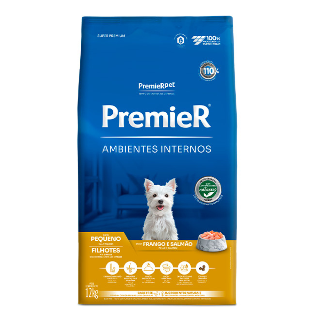 Ração Premier Ambientes Internos Cães Filhotes Raças Pequenas Frango E Salmão 12kg
