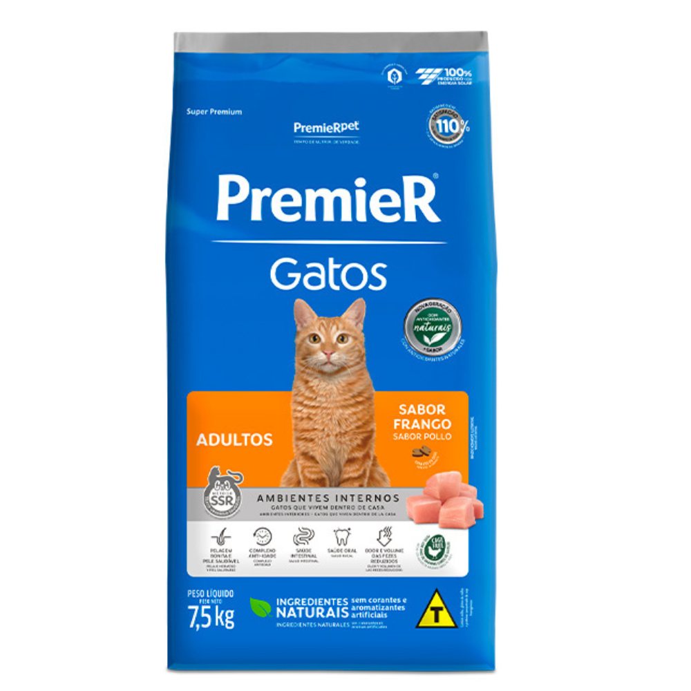 Ração Premier Gatos Adultos Ambientes Internos Frango 7,5kg